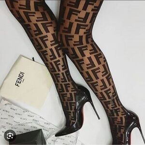 Fendi Black  Monogram Sheer Tights - Designer Logo Pattern